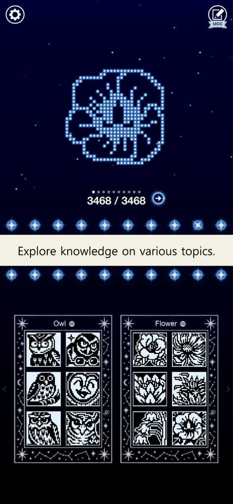 Nonogram galaxy 2 - Thema - Interfaccia dell'app Nonogram galaxy 2 che mostra vari argomenti di puzzle come gufi e fiori.