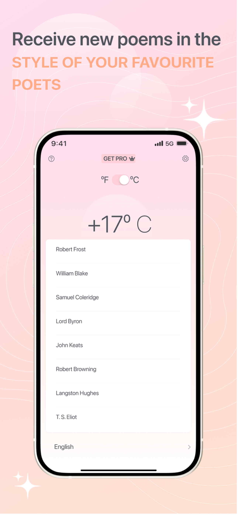 Weather & Poetry Widget - Una interfaz de aplicación móvil que muestra una lista de poetas famosos para elegir para poemas de clima generados por IA