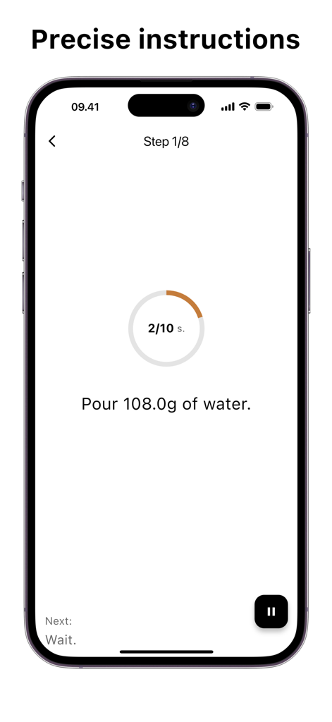 Timer.Coffee - Pantalla de la aplicación Timer.Coffee que muestra instrucciones de preparación precisas paso a paso para verter 108 gramos de agua con un temporizador de cuenta regresiva.
