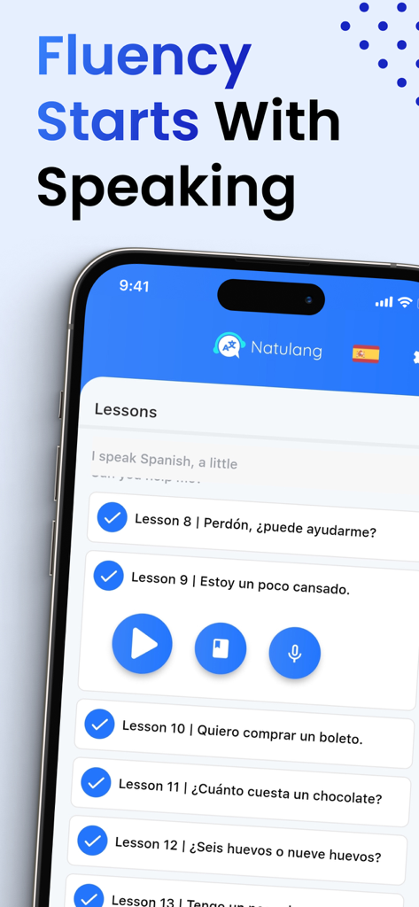 Interface de l'application Natulang montrant des leçons de conversation en espagnol et l'accent mis sur la fluidité par la parole.