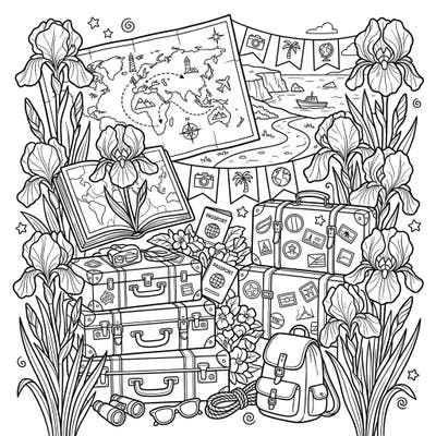 Unpack your creativity with this delightful coloring page featuring vibrant reblooming irises alongside exciting vacation essentials. Get ready to color a world of adventure, from detailed maps to stacked suitcases brimming with travel dreams.