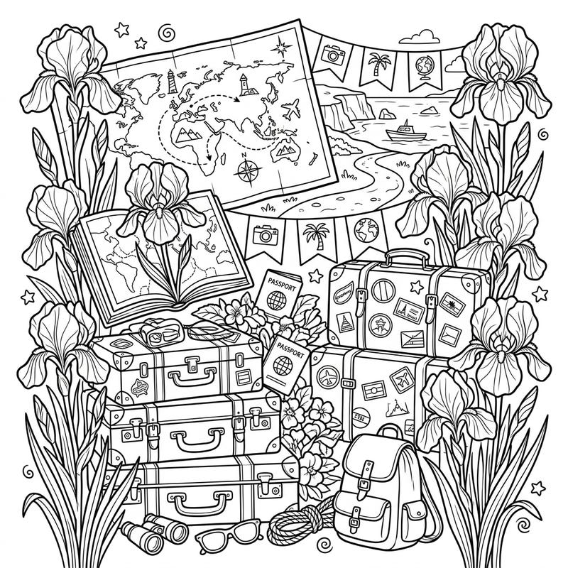 Unpack your creativity with this delightful coloring page featuring vibrant reblooming irises alongside exciting vacation essentials. Get ready to color a world of adventure, from detailed maps to stacked suitcases brimming with travel dreams.