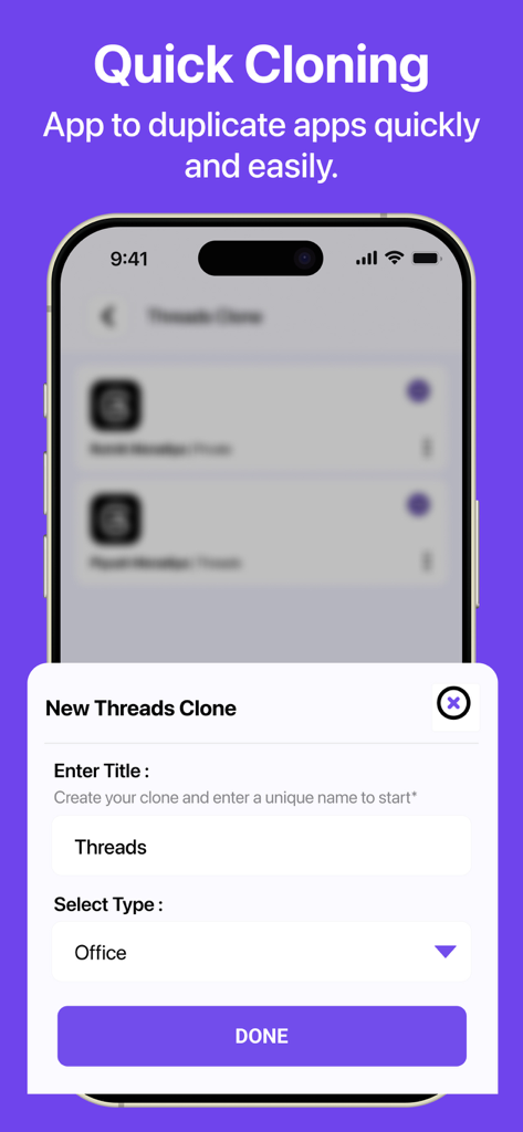 Dual Space - Multi Accounts - Una interfaz móvil para clonar la aplicación Threads, permitiendo a los usuarios introducir un título y seleccionar un tipo de espacio de trabajo.