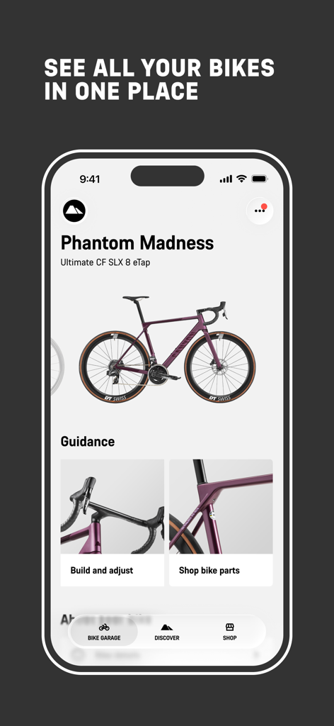 Canyon - Canyonアプリのインターフェースに、メンテナンスガイドと共にデジタルバイクガレージのロードバイクが表示されています