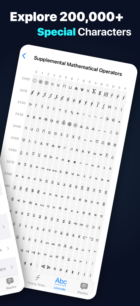 Écran de l'application mobile montrant une grille de symboles mathématiques et de caractères Unicode spéciaux de l'application Toutes les polices de symboles pour clavier.