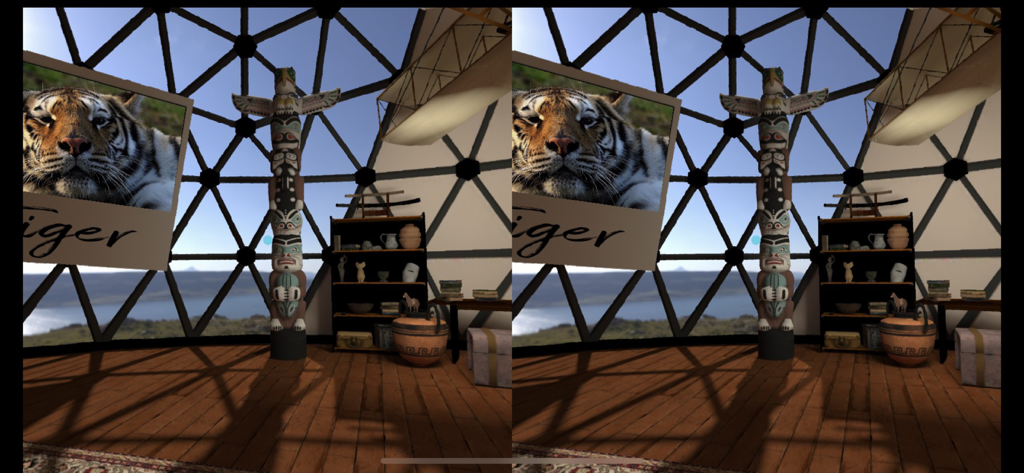 Split screen VR view of a virtual museum with a totem pole and global artifacts