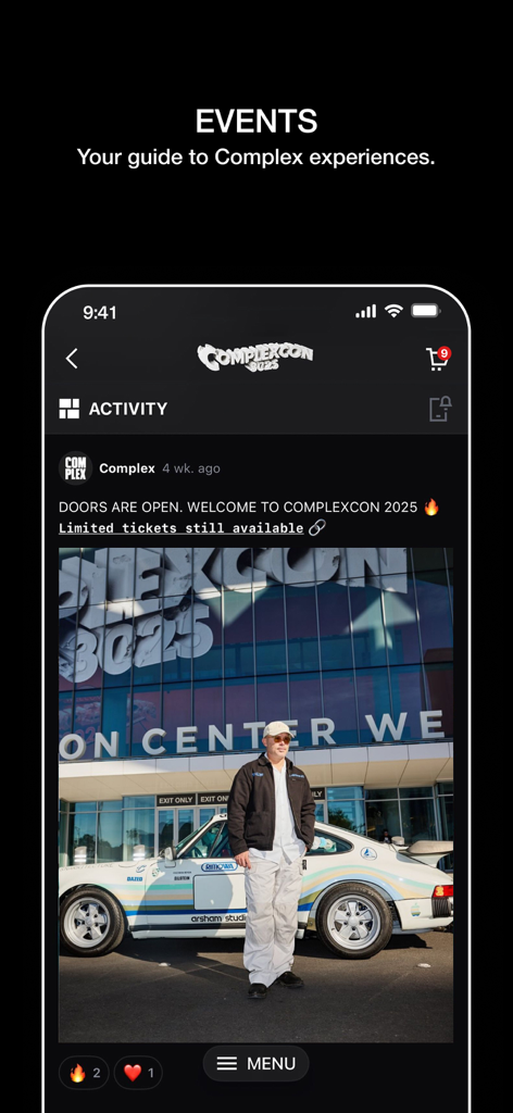 Complex mobile app Events screen featuring the ComplexCon activity feed and event updates.