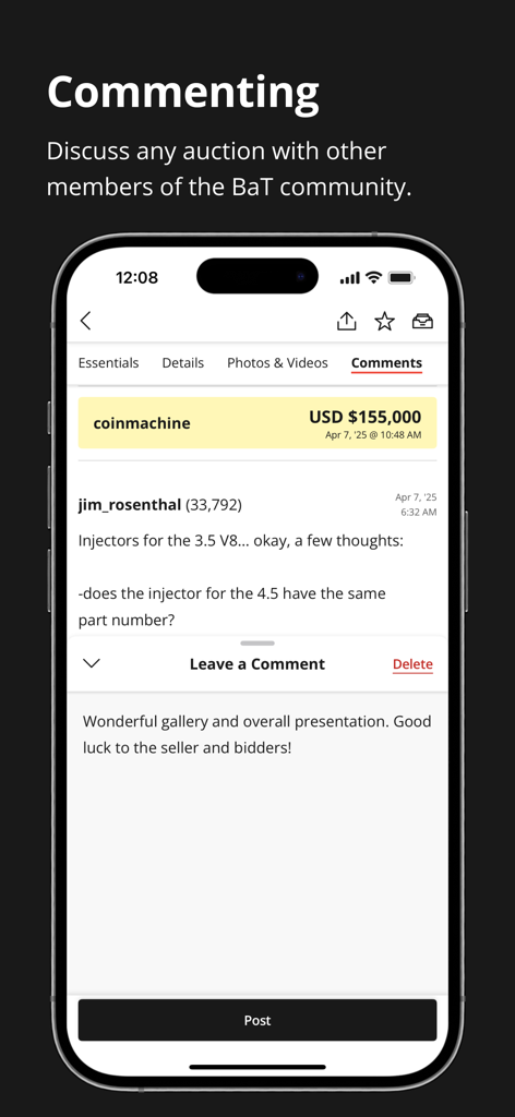Bring a Trailer Auctions - Uno screenshot dell'app Bring a Trailer che evidenzia la funzione di commento della community su una pagina d'asta di veicoli