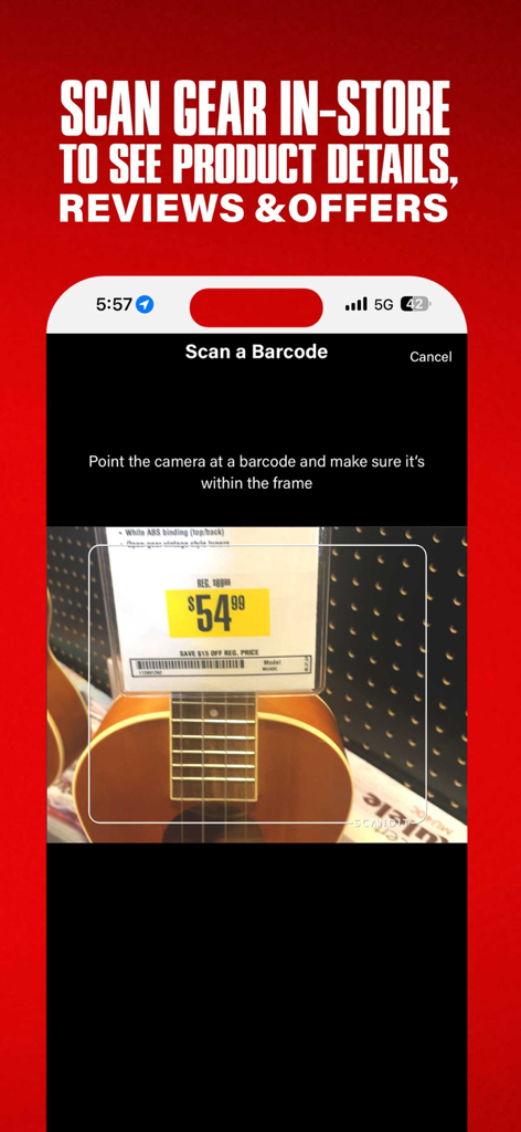 Guitar Center: Shop Music Gear - A smartphone using the Guitar Center app barcode scanner on a guitar price tag in-store