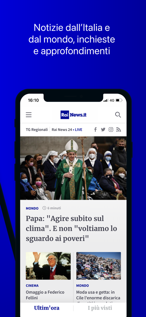RaiNews - Smartphone screen displaying the RaiNews app homepage with Italian news headlines