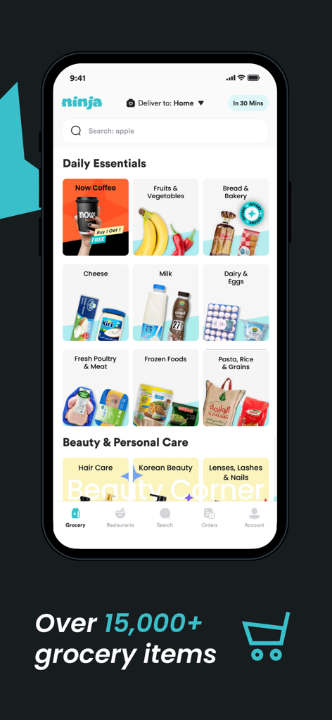 Ninja - نينجا - Ninja mobile app interface showing various grocery categories like fruits, vegetables, dairy, and bakery items.