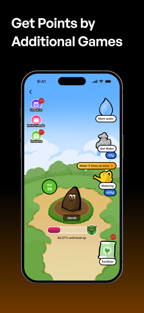 Moneywalk app screen showing a gamified reward system where users water a plant character named Jacob to earn points.