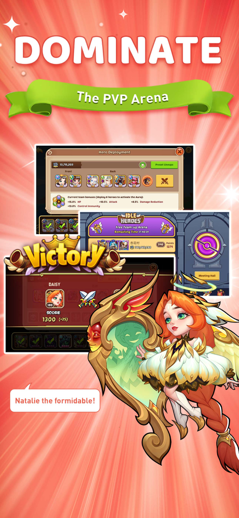 Screenshot of the Idle Heroes PVP Arena interface showing hero deployment and a victory screen featuring character Natalie