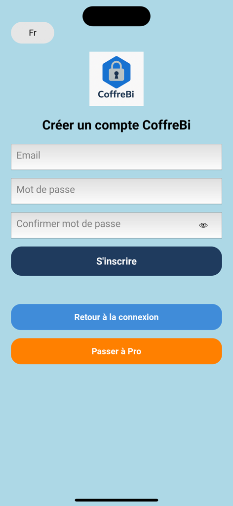CoffreBiアプリの登録画面。メールとパスワード作成フィールドがあります。