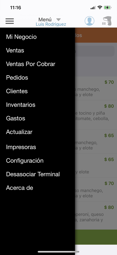 Menu de navegação lateral do aplicativo Vende YA! mostrando opções de gerenciamento de vendas, estoque e clientes.