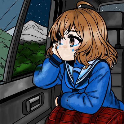 anime girl sighing with elbow on window sill on the back seat of the car looking outside the window of the car