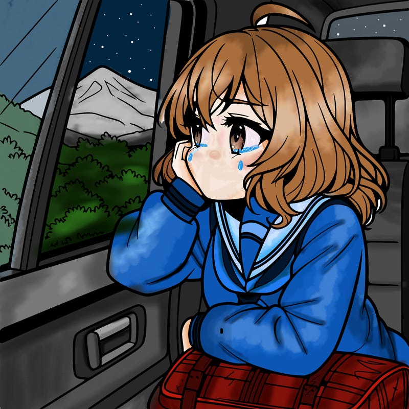 anime girl sighing with elbow on window sill on the back seat of the car looking outside the window of the car