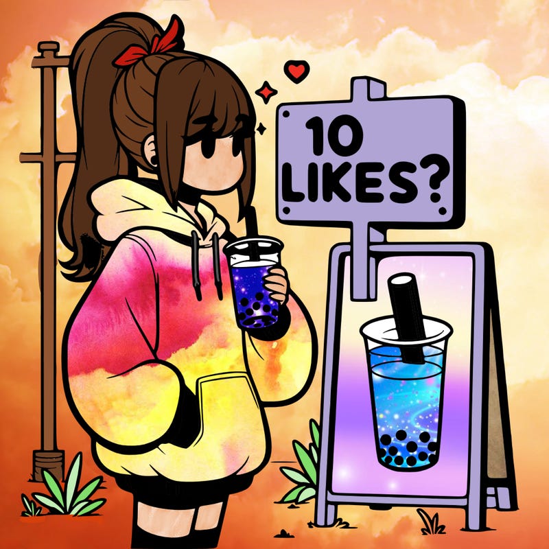 girl with oversized hoodie drinking boba and she has a high ponytail with a sign that says 10likes?