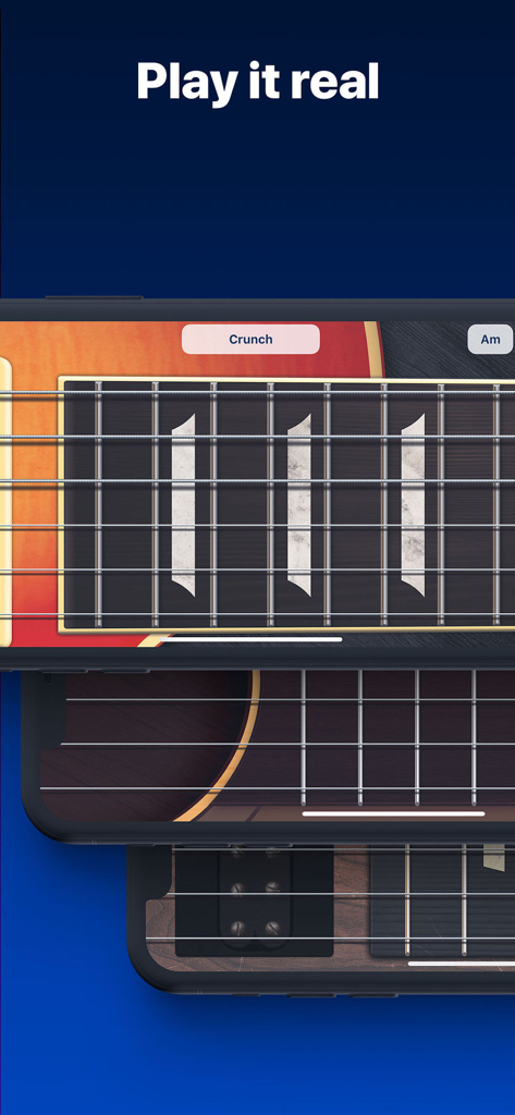 Mobile app screens showing various virtual guitar models