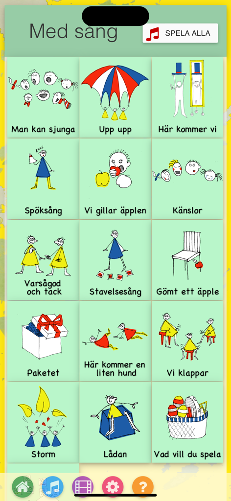 Man kan sjunga - Oberfläche der Man kan sjunga App mit einem Raster von Song-Optionen und handgezeichneten Illustrationen für unterstützende Musikerziehung.