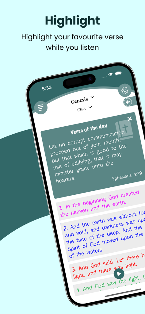 KJV Bible Audio - Holy Version - Una pantalla de teléfono inteligente mostrando la aplicación Audio Biblia KJV con varios versículos resaltados en diferentes colores y una superposición del Versículo del Día.