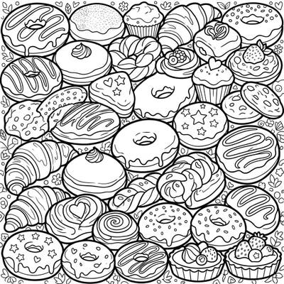 Satisfy your sweet tooth with this delightful coloring page featuring an array of intricate doughnuts and pastries. Designed specifically for teens, this template offers a fun and engaging way to explore your artistic flair.
