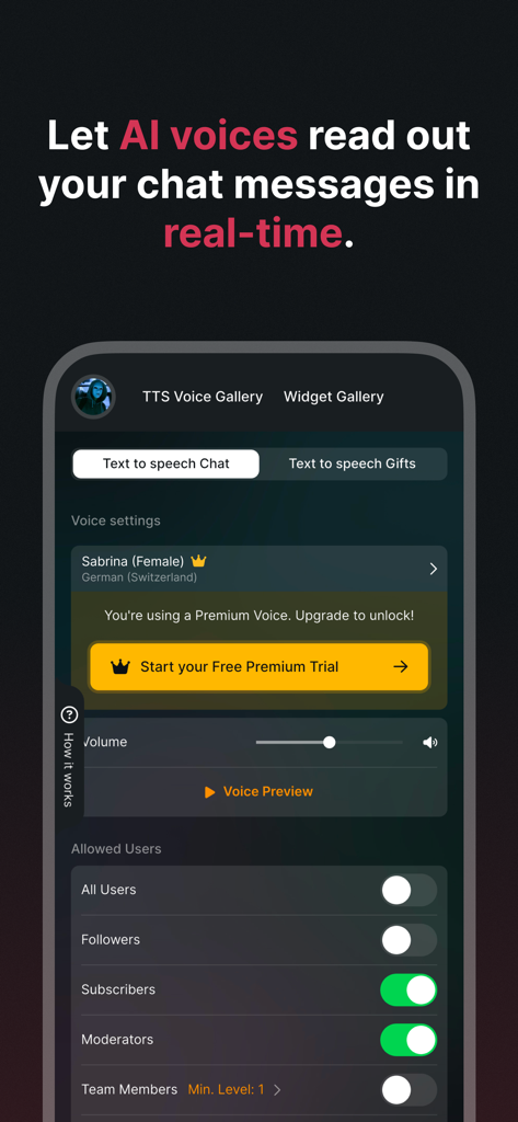 Tikfinity Mobile app interface showing Text to Speech settings with options to choose AI voices and manage user permissions for chat alerts.