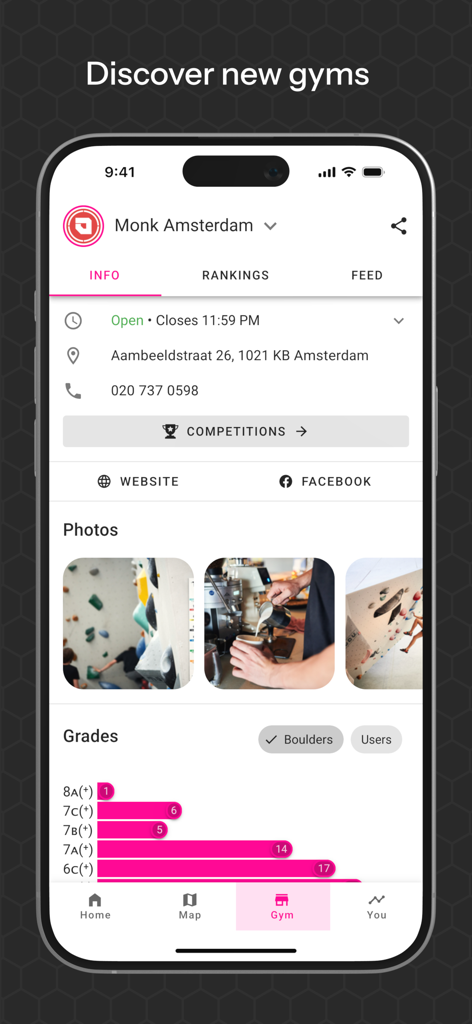 TopLogger - TopLogger app screen displaying climbing gym details including location, photos, and a bar chart of route grades