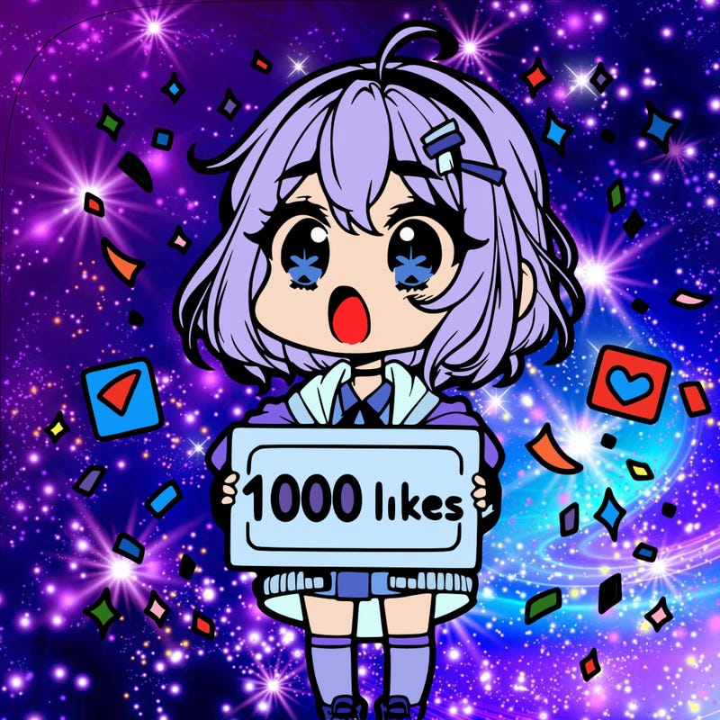 a chibi girl with a shocked expression with a sign that says "1000 likes" with confetti around her