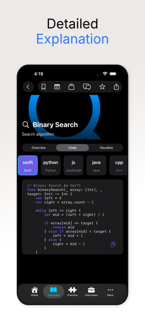 DSA Master - Data & Algorithms - 이진 검색 알고리즘의 상세한 Swift 코드 구현을 보여주는 DSA Master 앱 화면.