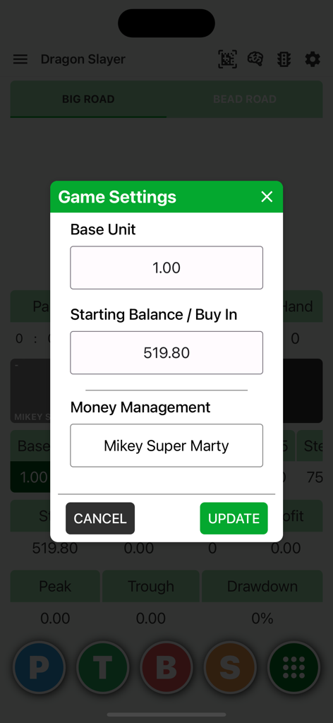 Rigel Castle Baccarat - Game settings popup in the Rigel Castle Baccarat app showing bankroll and strategy configuration