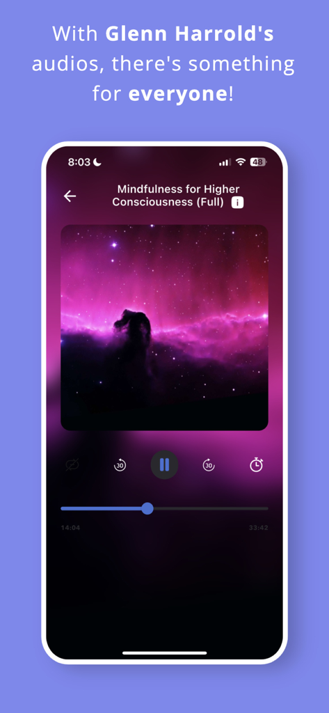 Ultimate Hypnosis, Meditation - Audio player interface in the Ultimate Hypnosis and Meditation app featuring a track by Glenn Harrold
