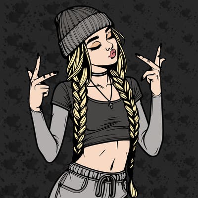realistic teenage girl with braids and a beanie and crop top doing 🫶🏼