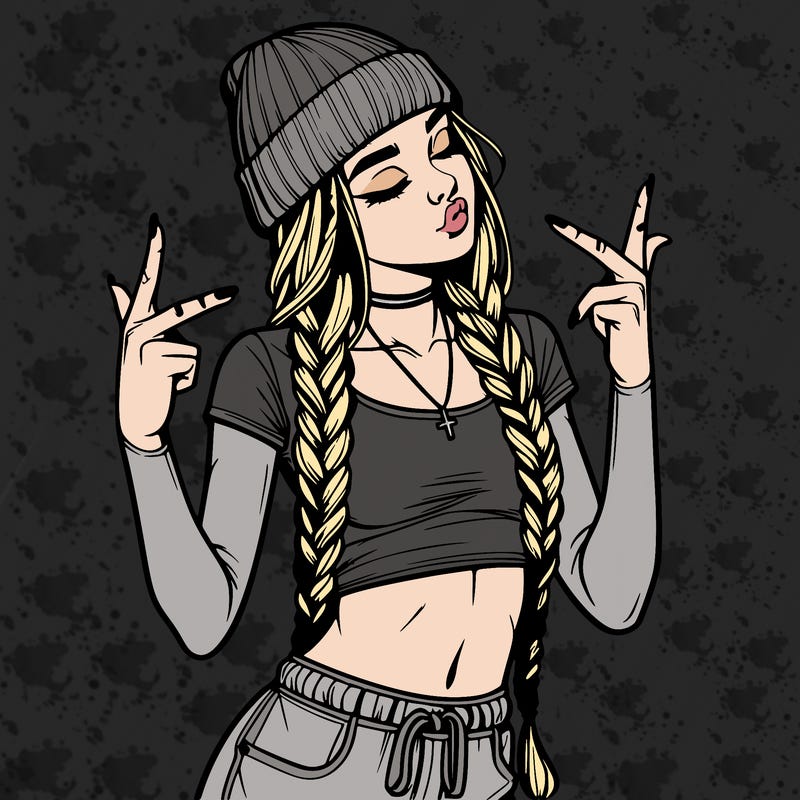 realistic teenage girl with braids and a beanie and crop top doing 🫶🏼