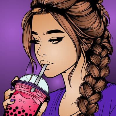 realistic girl drinking boba tea with braided hair