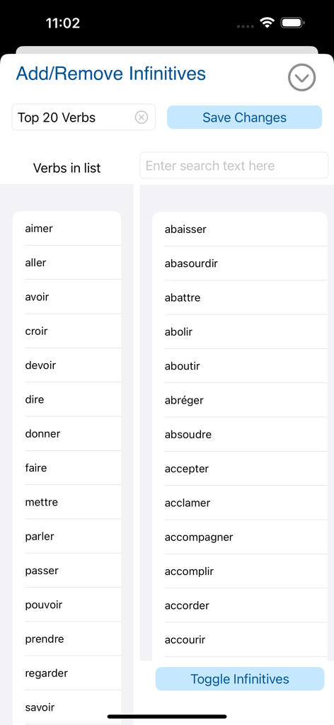 Verbes - French Verb Trainer - Interface permettant de sélectionner et de gérer les verbes à l'infinitif français pour des listes d'étude personnalisées dans l'application Verbes
