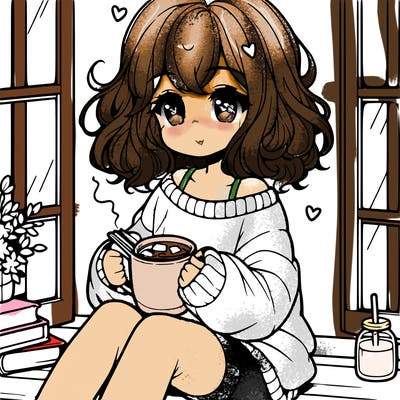 cute anime girl reading book and drinking hot chocolate from mug with loose wavy hair wearing a baggy sweatshirt and shorts sitting by windowsill looking out