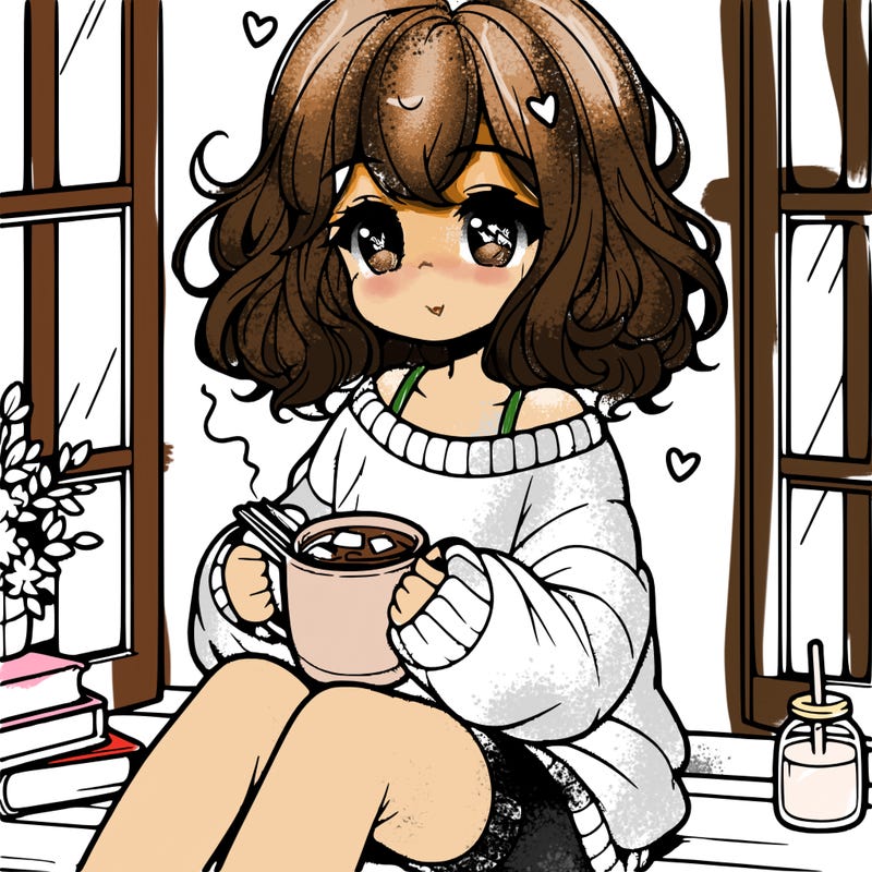 cute anime girl reading book and drinking hot chocolate from mug with loose wavy hair wearing a baggy sweatshirt and shorts sitting by windowsill looking out