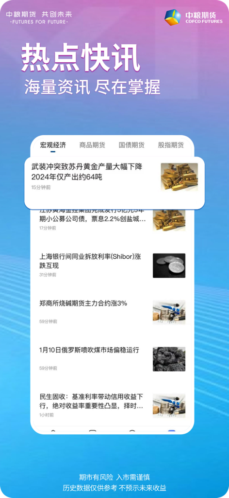 中粮期货个金通-股指期货期权投资开户软件 - Real-time financial news and market information feed within the COFCO Futures mobile application.