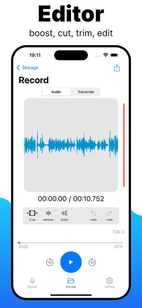 Voice Memos App - Editor interface of the Voice Memos App showing audio waveform, crop, and denoise tools.
