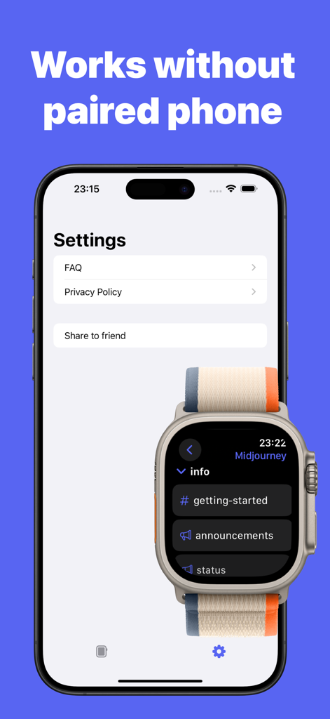iPhone and Apple Watch showing WatchCord app settings and Discord channels with text stating it works without a paired phone