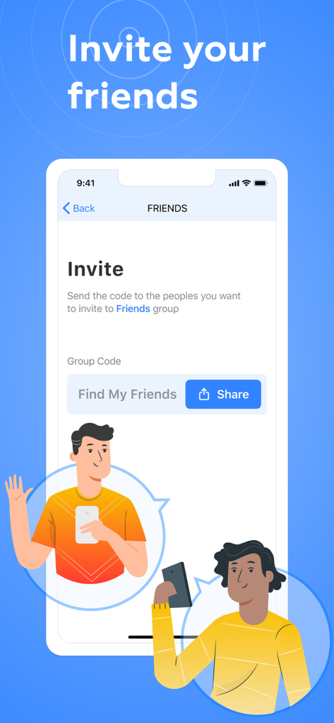 Family Link for Parents - Pantalla de la aplicación Family Link para Padres que muestra un código de invitación grupal y un botón de compartir para conectar amigos