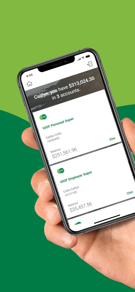 A smartphone screen displaying the IOOF mobile app account balance overview for personal and employer superannuation accounts.