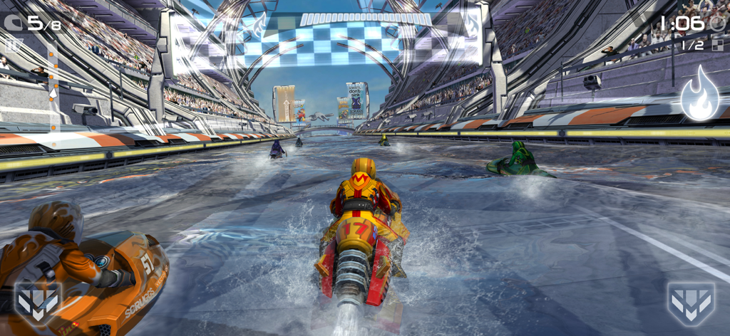 Riptide GP2 - Futuristic hydro jet racing through a stadium in Riptide GP2