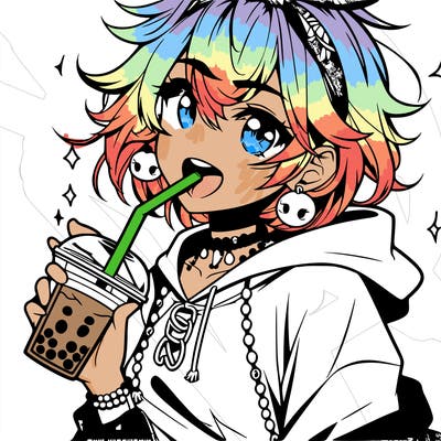 hot baddie anime girl drinking boba and biting the straw