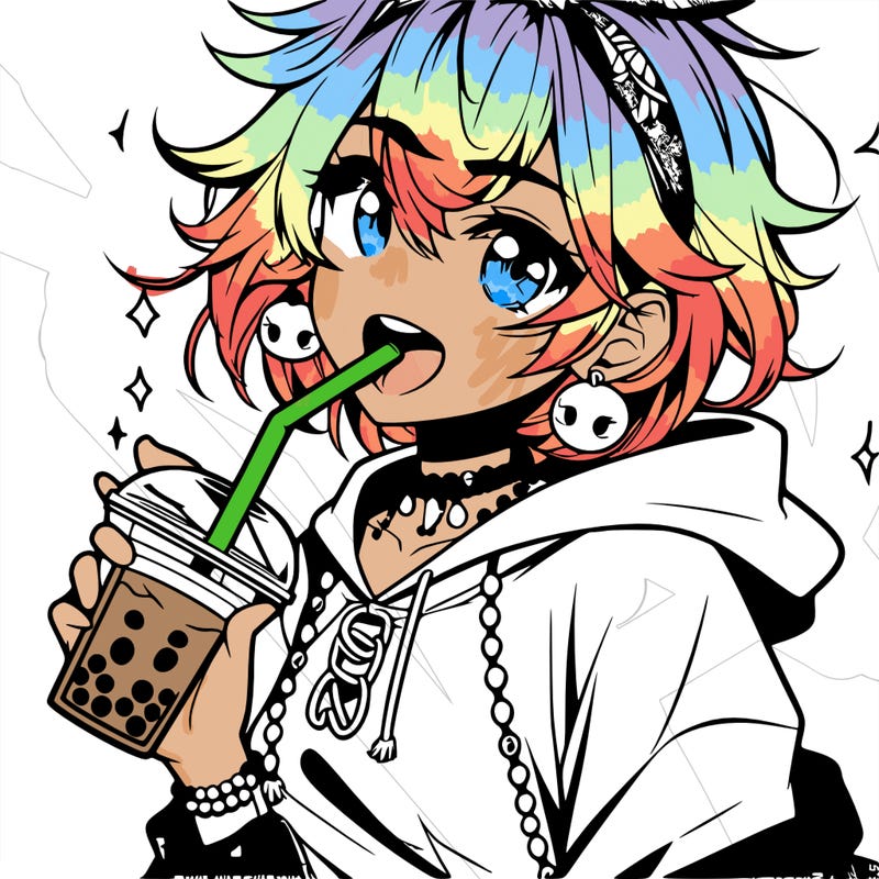 hot baddie anime girl drinking boba and biting the straw