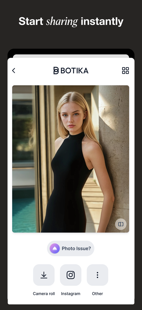 Botika app interface showing a generated AI fashion model with options to download to camera roll or share directly to Instagram