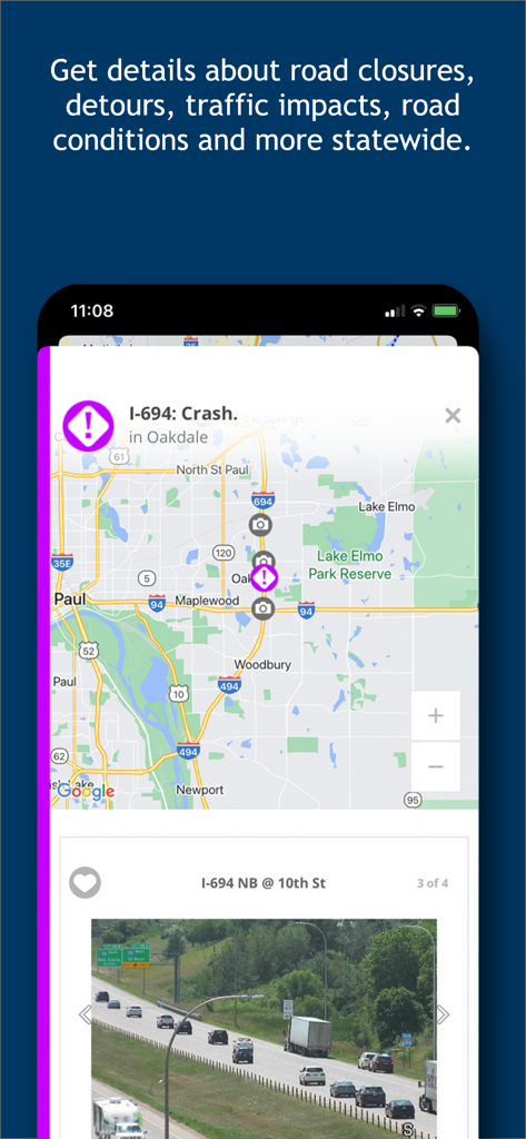 Minnesota 511 app interface showing a real-time traffic map with a crash alert and live roadside camera view