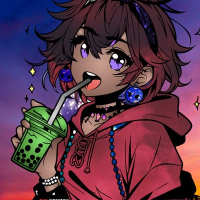 hot baddie anime girl drinking boba and biting the straw