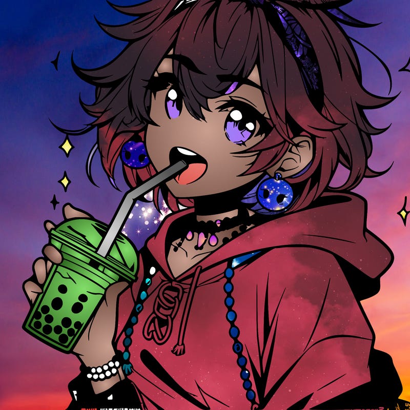hot baddie anime girl drinking boba and biting the straw